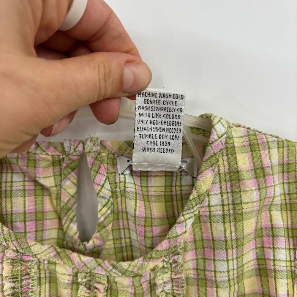 cc.bates Plaid Sleeveless Top Kids 6 Green Pink Ruffle Smocked Peplum Blouse